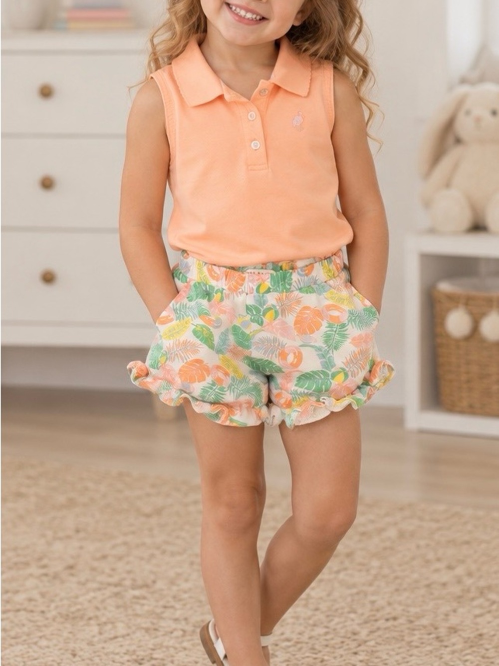 The Beaufort Bonnet Company Peach Floral Ruffle Shorts - Peach, Green, Yellow